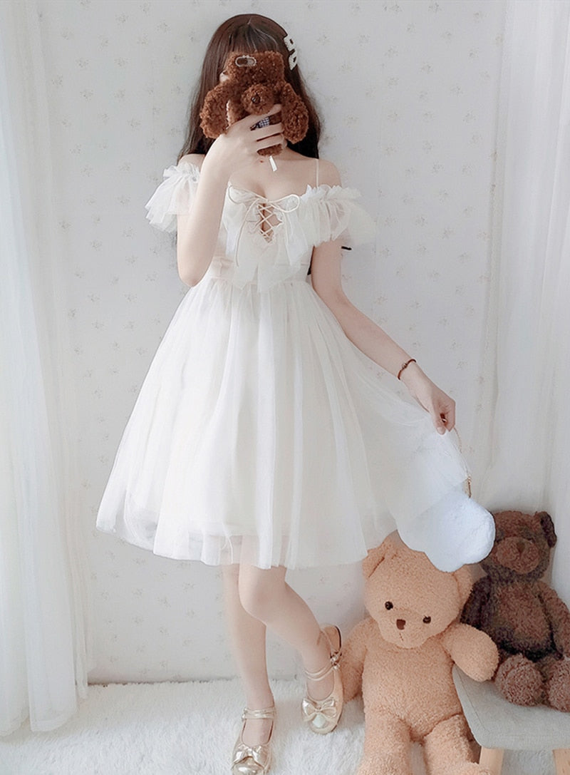 Serena Beige Off-Shoulder Ruffle Fairy Dress 
