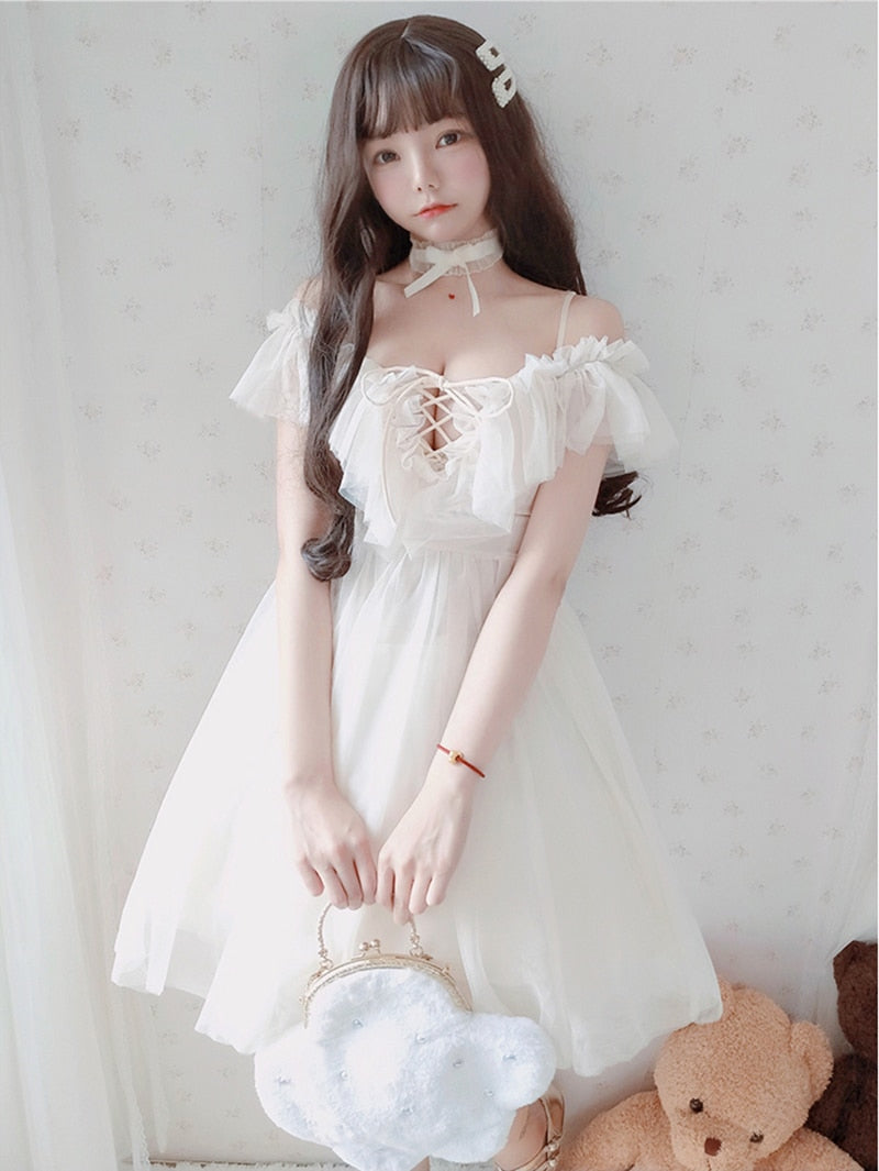 Serena Beige Off-Shoulder Ruffle Fairy Dress 