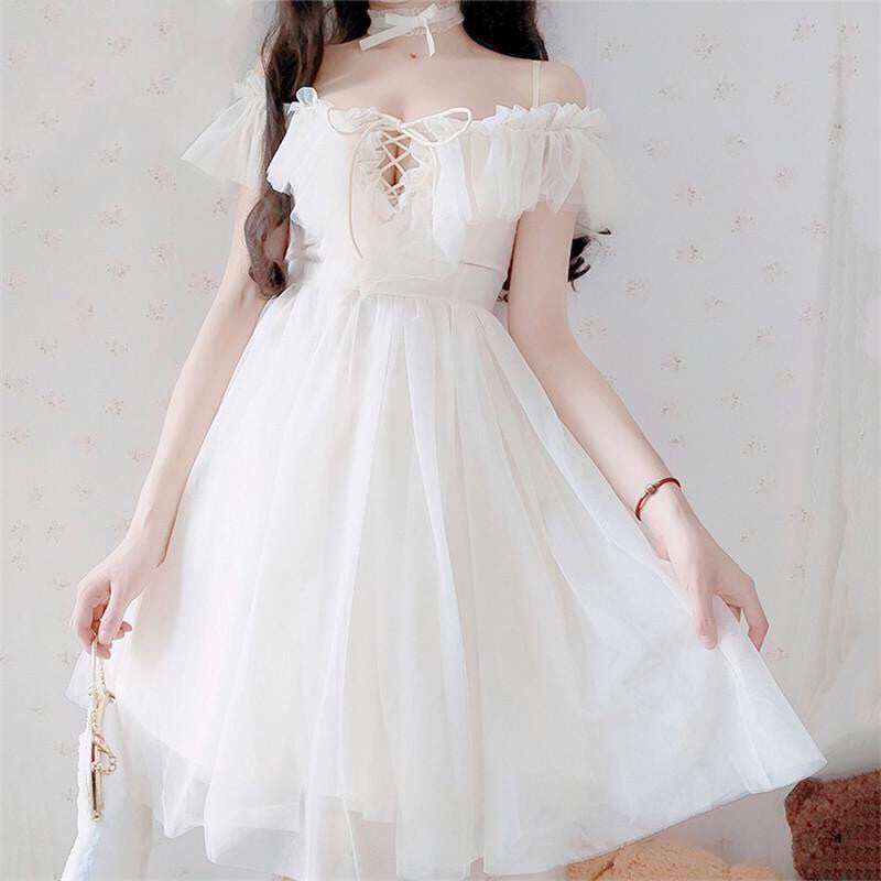Serena Beige Off-Shoulder Ruffle Fairy Dress 