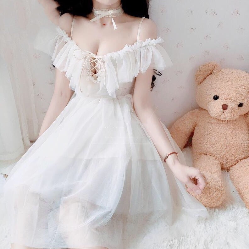 Serena Beige Off-Shoulder Ruffle Fairy Dress 