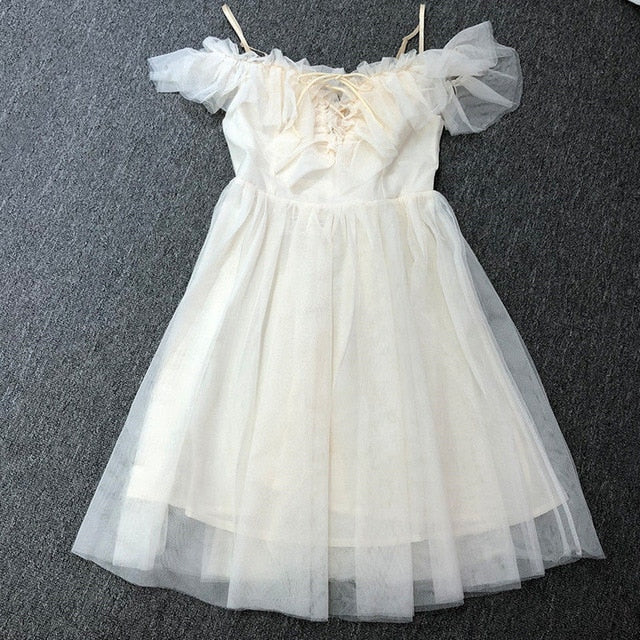 Serena Beige Off-Shoulder Ruffle Fairy Dress 