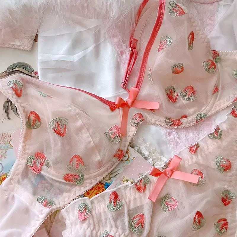 Sheer Strawberry Embellished Kawaii Girly Delicate Soft Girl Lingerie Set 