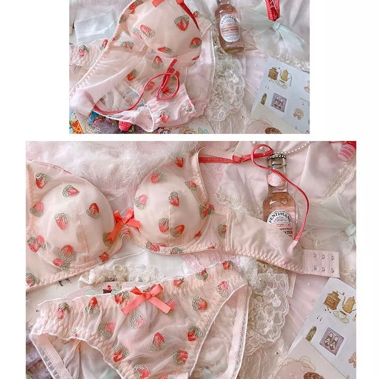 Sheer Strawberry Embellished Kawaii Girly Delicate Soft Girl Lingerie Set 