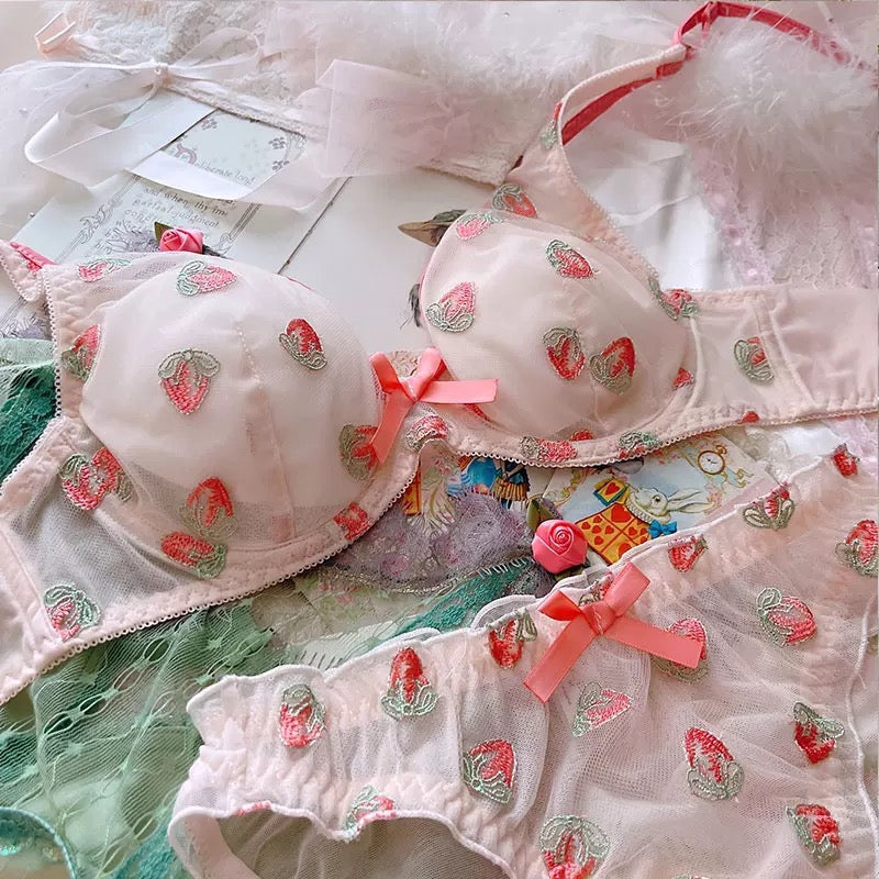 Strawberry Kitty / Organic Cotton Hand Printed Bralette With