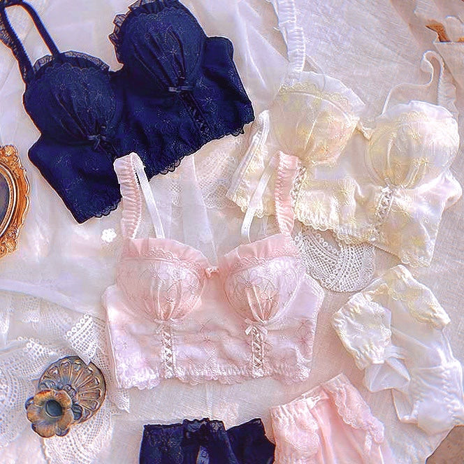 Vintage Lace Bra Sets Fairy Lingerie Set Embroidered Underwear Ruffled Suit