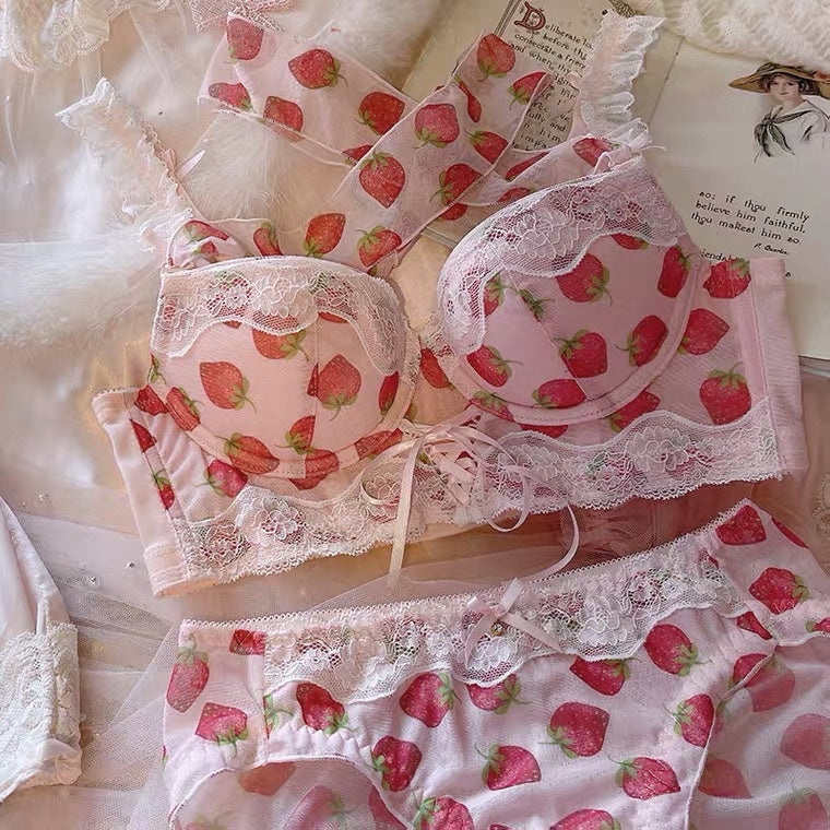 Strawberry Girly Lace Ruffle Kawaii Princess Nymphet Lolita Lingerie Set 