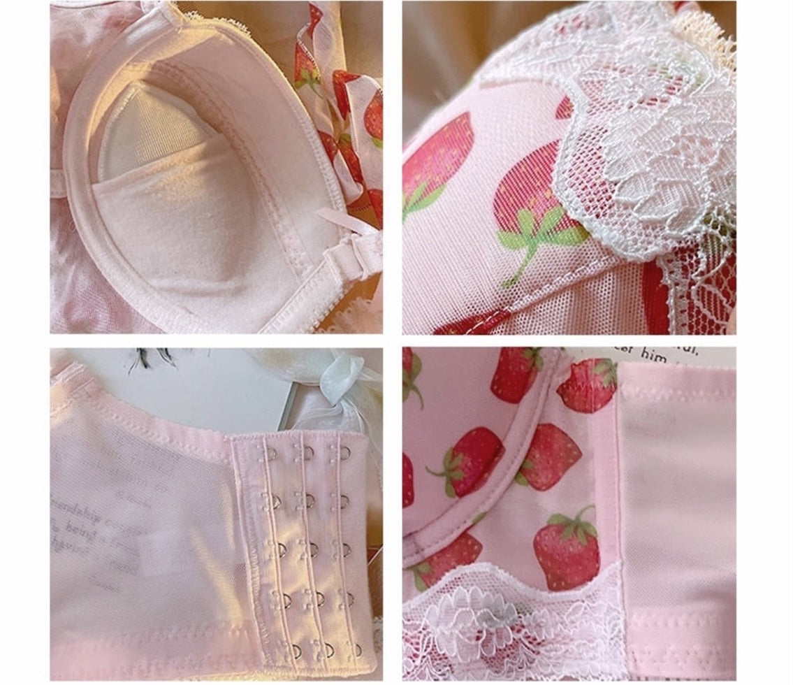 Strawberry Girly Lace Ruffle Kawaii Princess Nymphet Lolita Lingerie Set 