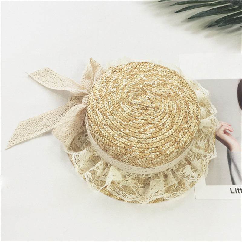 Summer Lolita Straw Boater Hat with Lace Ribbon 