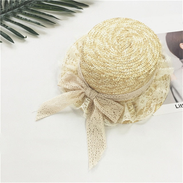 Summer Lolita Straw Boater Hat with Lace Ribbon 