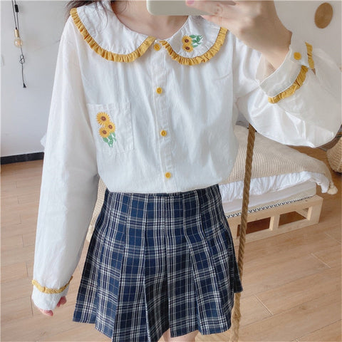 Sunflower Embroidered Mori Kawaii Girl Lolita Shirt 