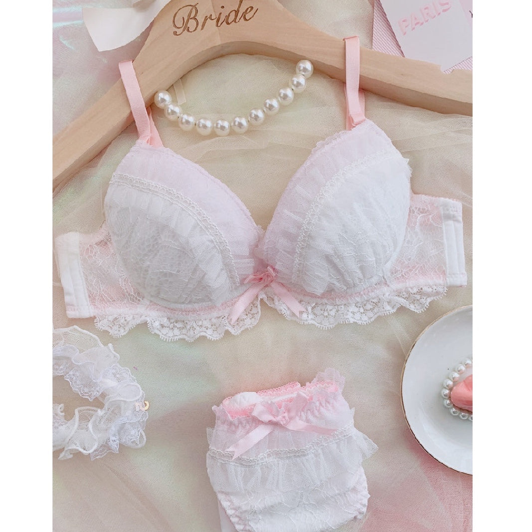 Women's Sweet lace Lingerie Set Cute Lolita Bow Bra and Panty Set