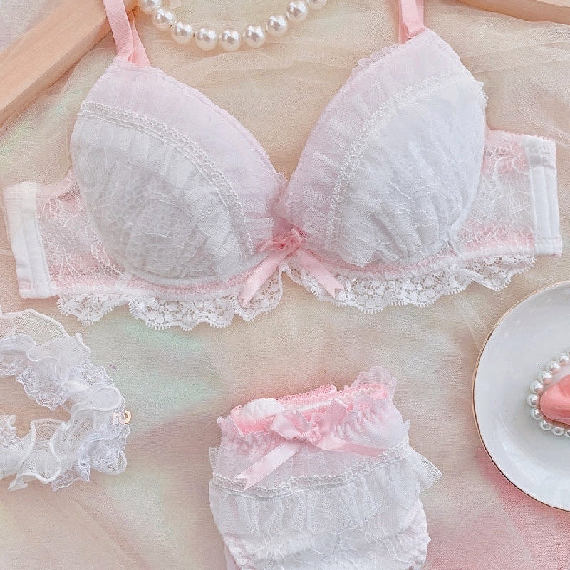 Kawaii Lace Pink Bra And Panty Set Back Lolita French Retro Cotton