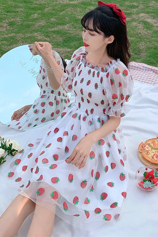 Women Ruffle Lolita Mesh Dress Strawberry Off Shoulder Puff Sleeve