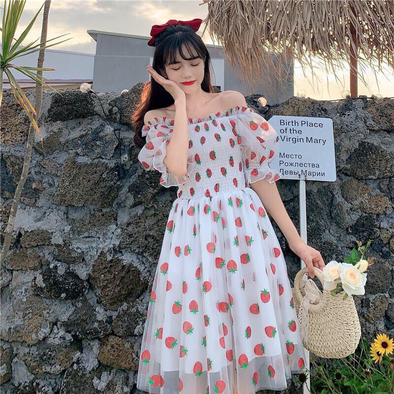 Strawberry embellished Mesh Fairy Dress Soft Girl Cottagecore Fashion
