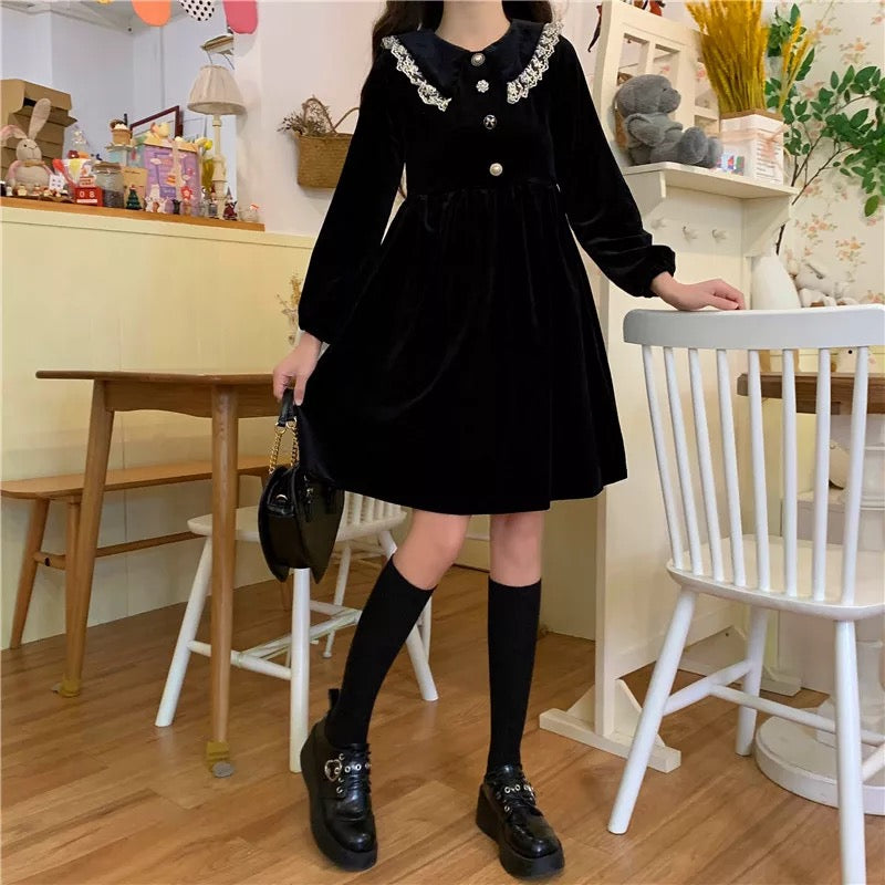 Black Velvet Dark Lolita Dolly Dress Kawaii Aesthetic Shop