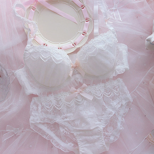 White Lace & Pearls Kawaii Princess Girly Lingerie Set 