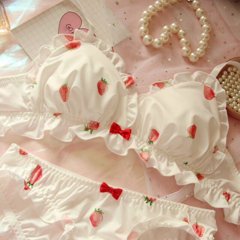 White Strawberry Ruffle 2-piece Kawaii Princess Lolita Nymphet Lingerie Set 