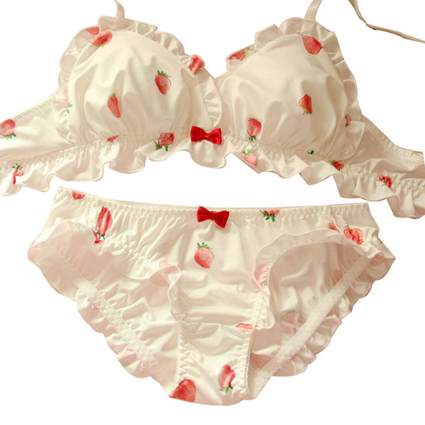 White Strawberry Ruffle 2-piece Kawaii Princess Lolita Nymphet Lingerie Set 