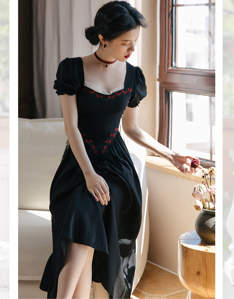 Rose Embroidery Witchy Academia Dress Witchcore Gothic Dress Rose Embroidery Witchy Academia Dress Witchcore Gothic Dress