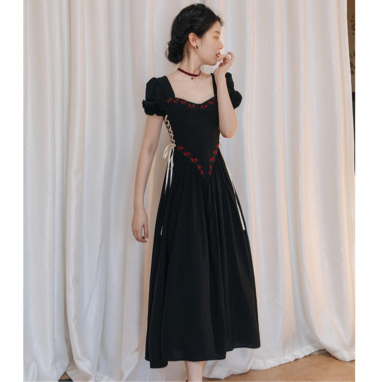 Rose Embroidery Witchy Academia Dress Witchcore Gothic Dress