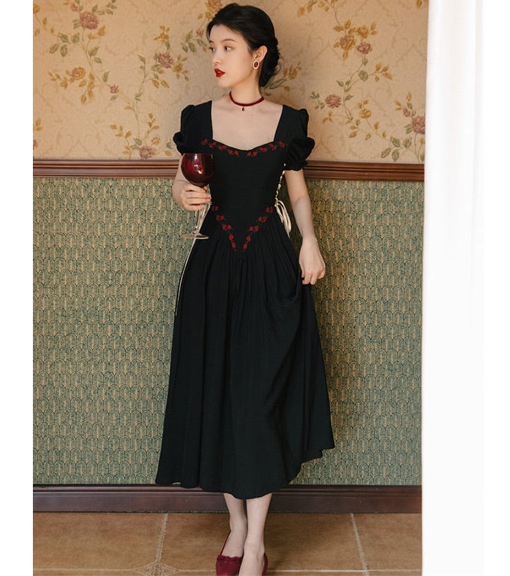 Rose Embroidery Witchy Academia Dress Witchcore Gothic Dress Rose Embroidery Witchy Academia Dress Witchcore Gothic Dress
