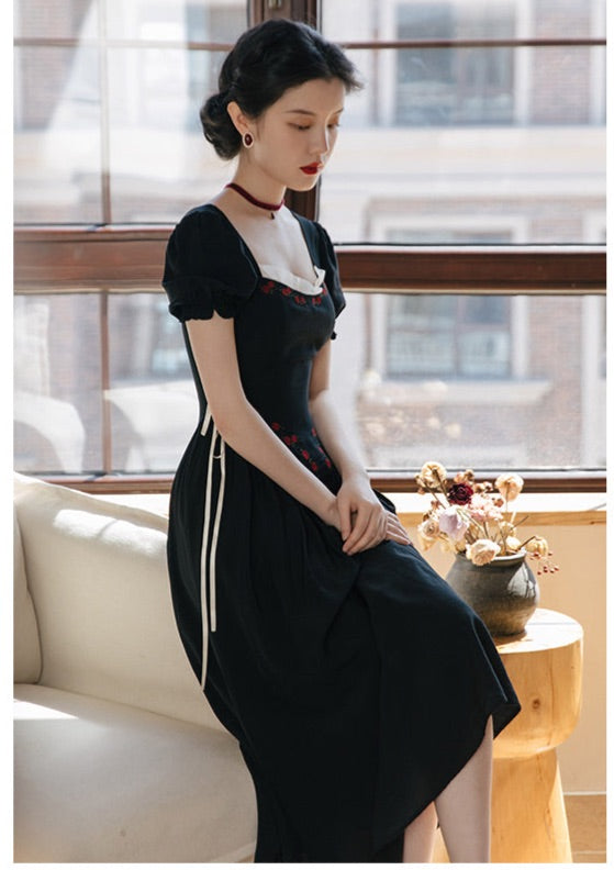 Rose Embroidery Witchy Academia Dress Witchcore Gothic Dress