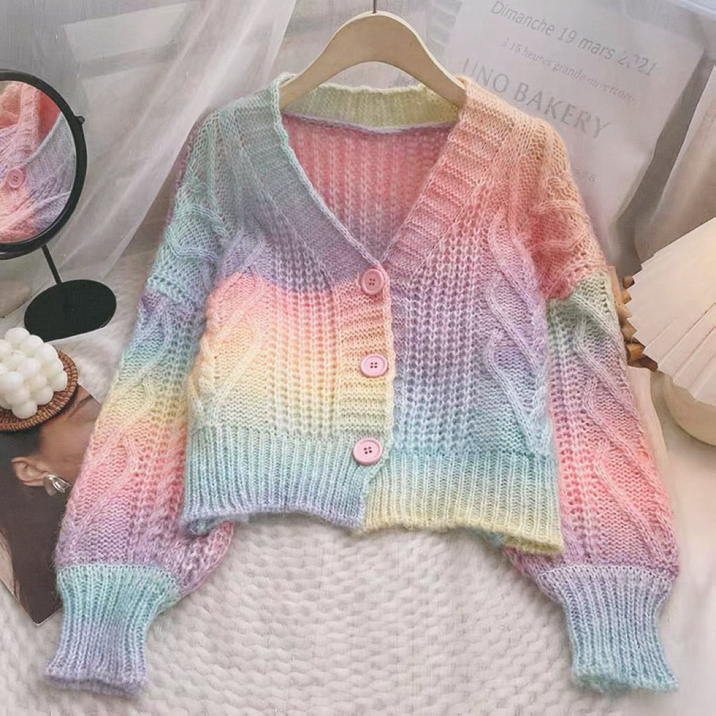 Pastel Rainbow Cropped Sweater Cardigan Kawaii Fashion Aesthetic