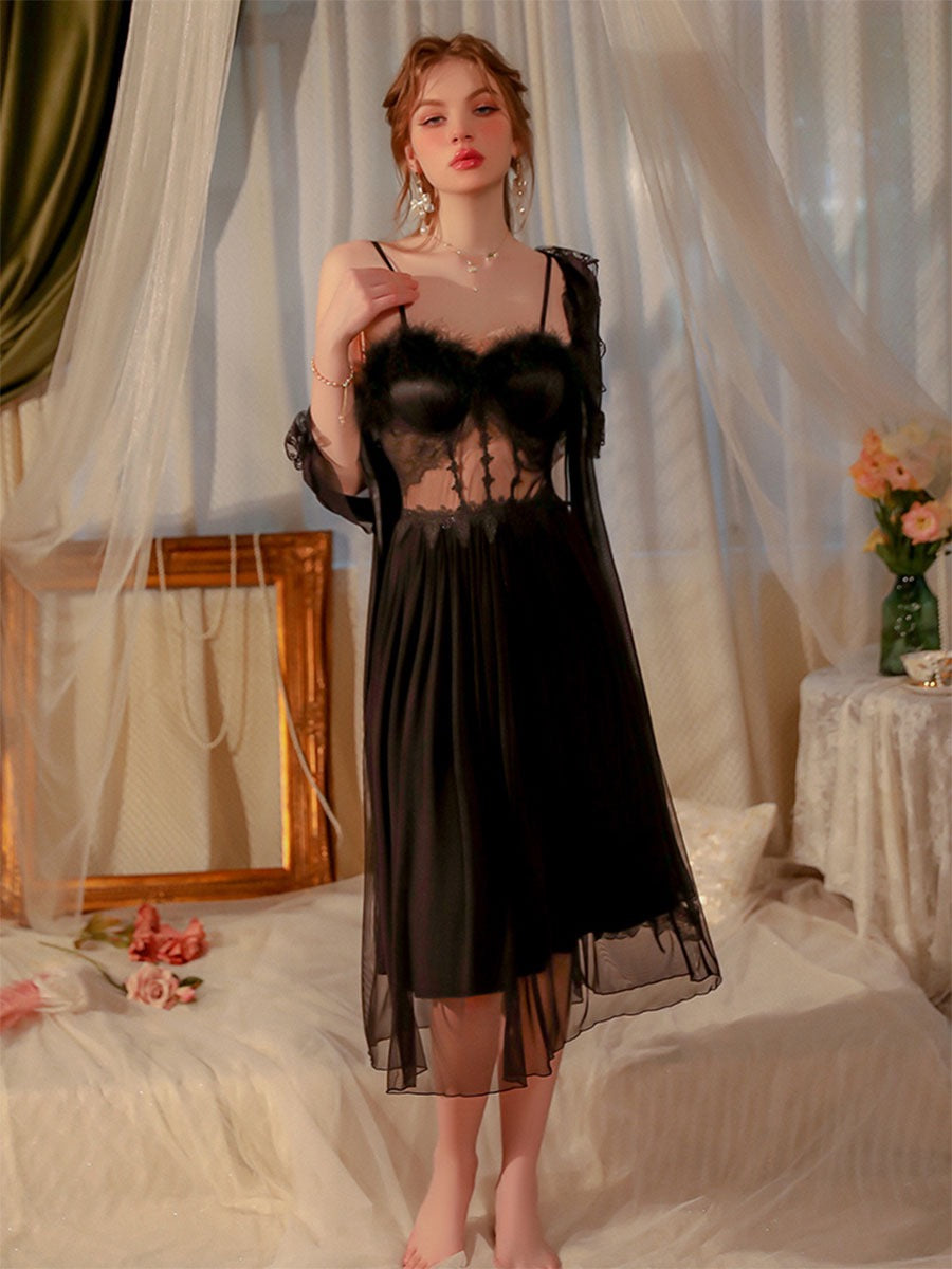 Black Feather Bustier Dress Dark Fairy Nightgown Dress Set Goth Nightie