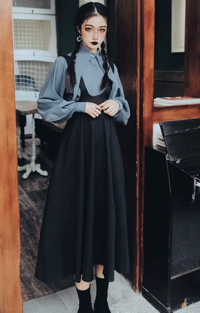 2-Piece Dark Academia Dress Set with Pointed Collar Witchy Academia