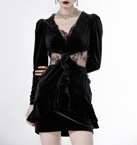 Obsidiana Velvet Lace Ruffle Mini Dress