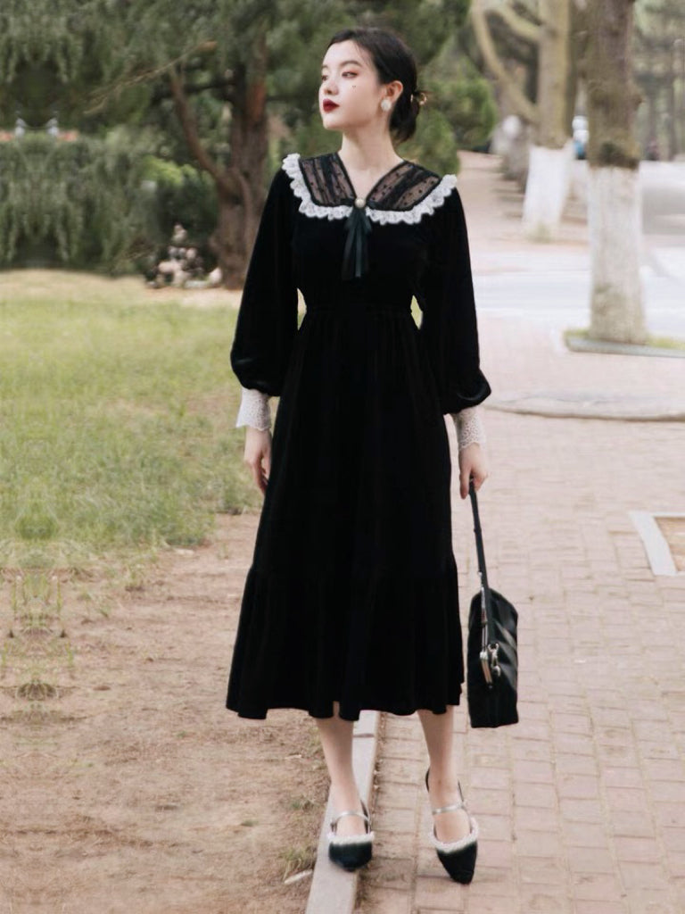 Lucienne Witchy Academia Black Velvet Victorian Gothic Dress