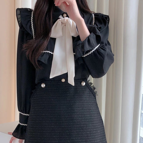 Light Academia Shirt with Ruffles & Bow - Deer Doll