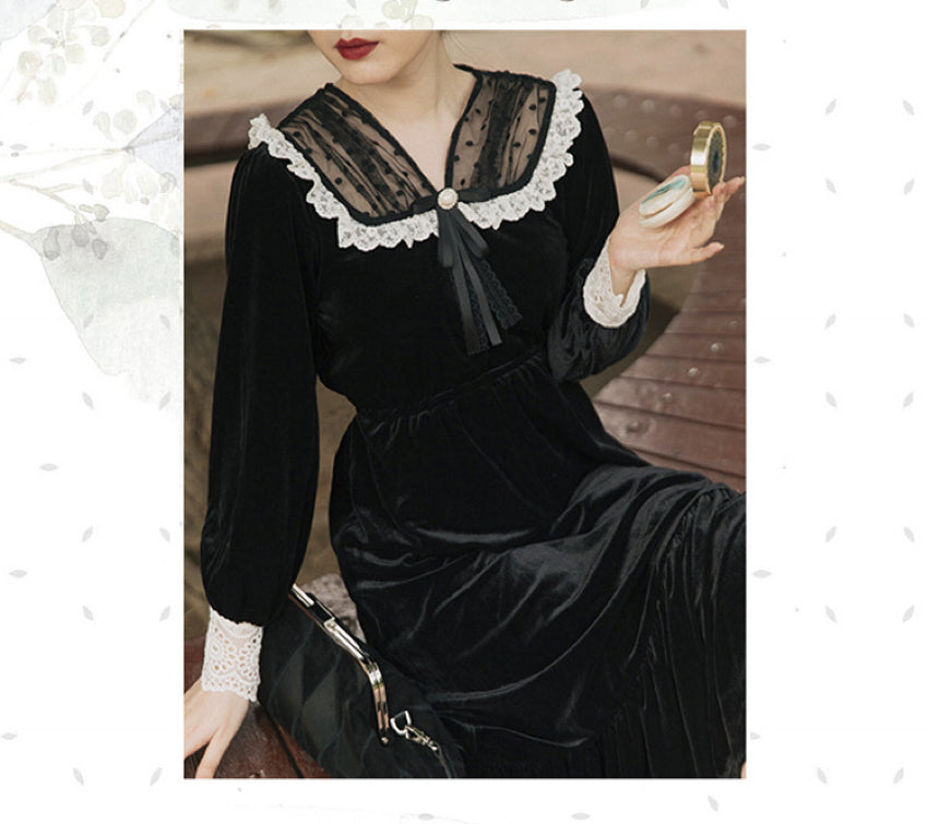 Lucienne Witchy Academia Black Velvet Victorian Gothic Dress