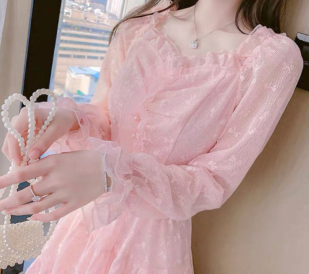Pink Fairycore Mesh Tulle Lace Dress