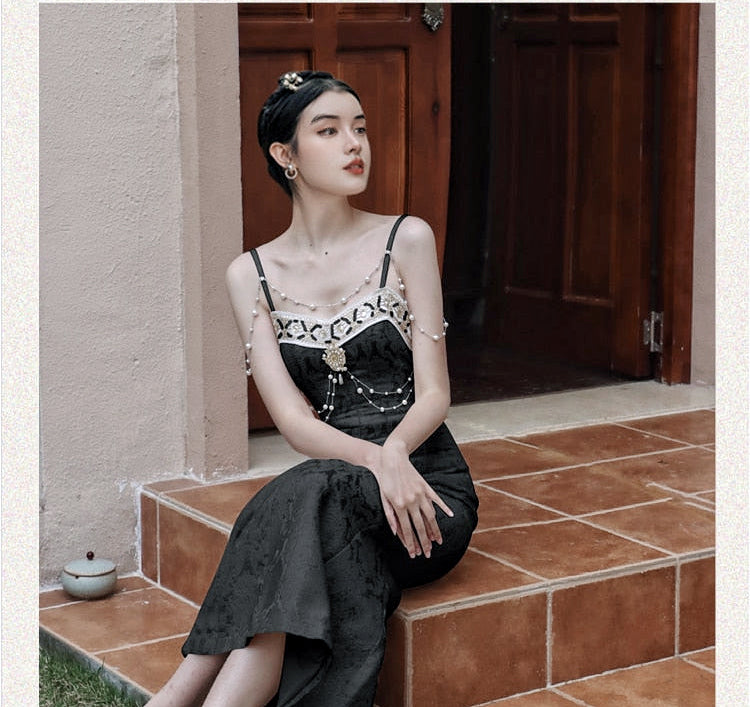 Black Baroque Pearl Dark Feminine Aesthetic Royalcore Dress