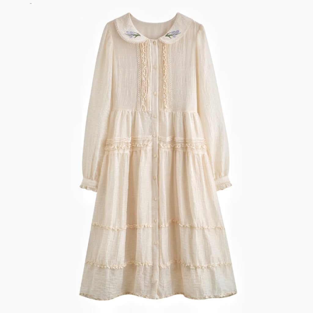 Acacia Light Academia Dress with Lace and Embroidery