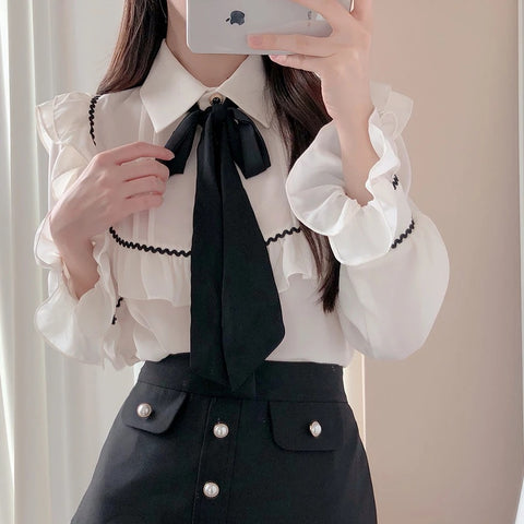 Light Academia Shirt with Ruffles & Bow - Deer Doll