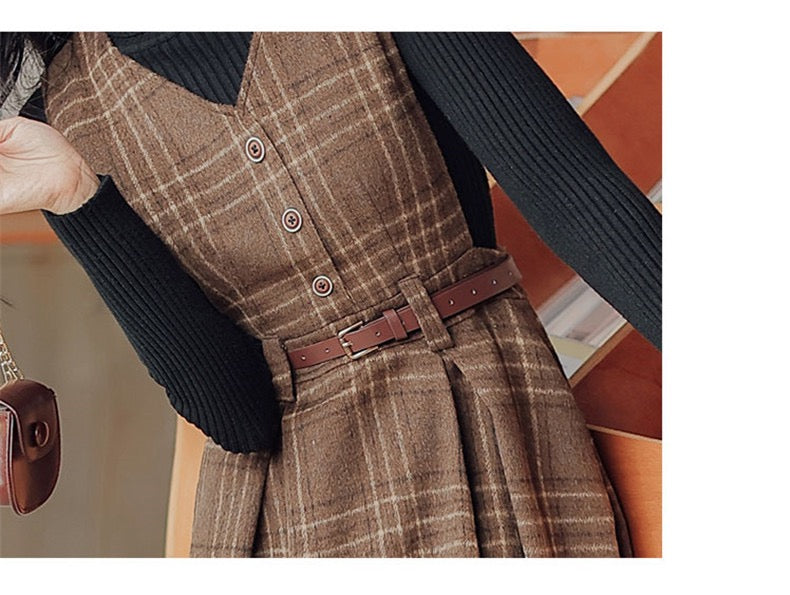 In History Class Dark Academia Wool Plaid Dress with Belt