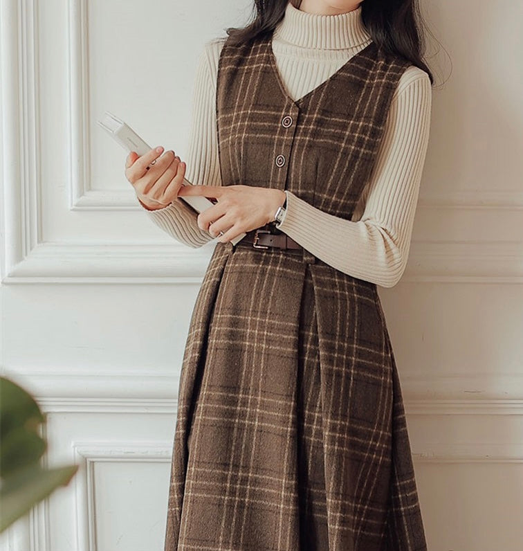 Dark Academia Wool Plaid Dress with Belt Dark Academia Fashion