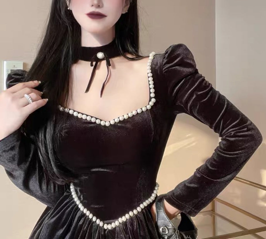 Edwina Romantic Goth Black Velvet Dark Princess Pearl Choker Dress