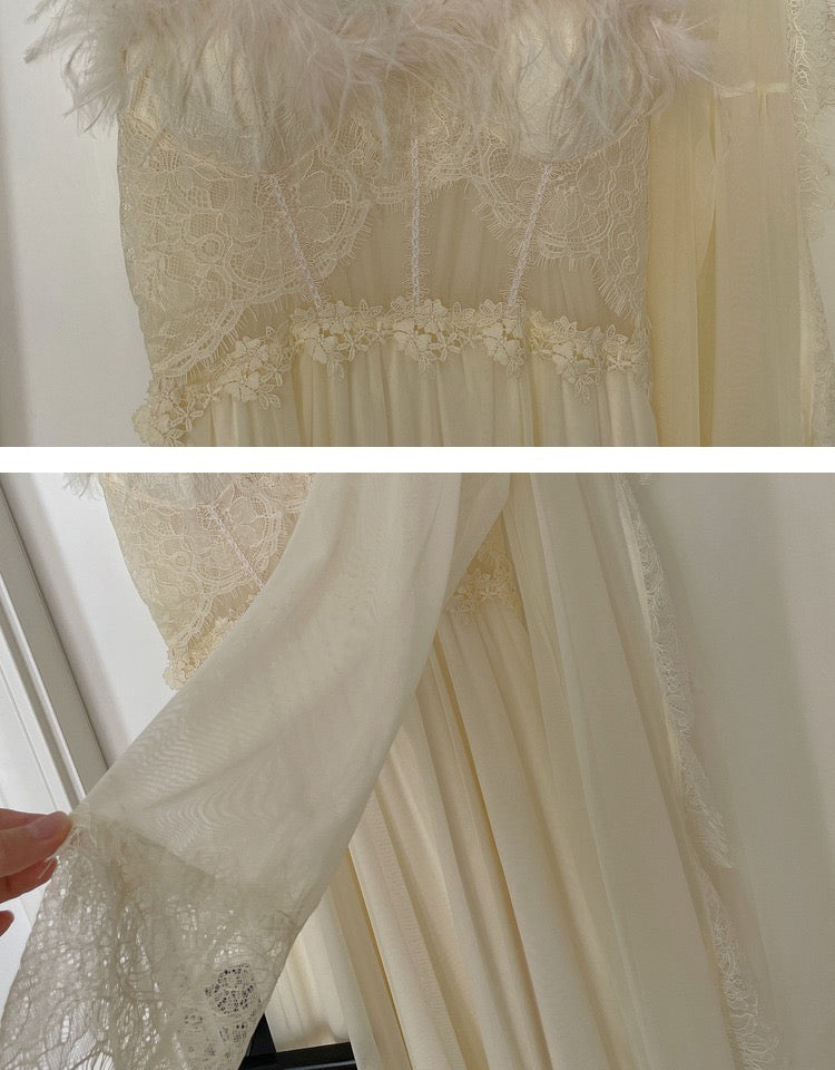 2-piece Feather Bustier Dress Fairy Nightgown Dress Set