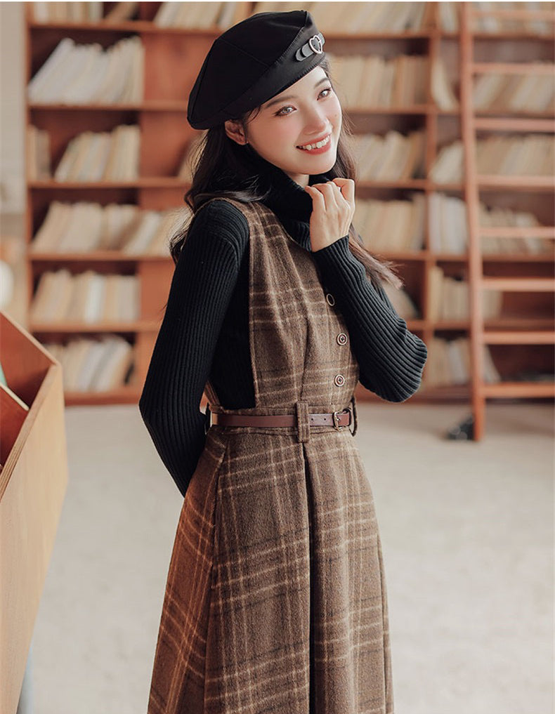 In History Class Dark Academia Wool Plaid Dress with Belt