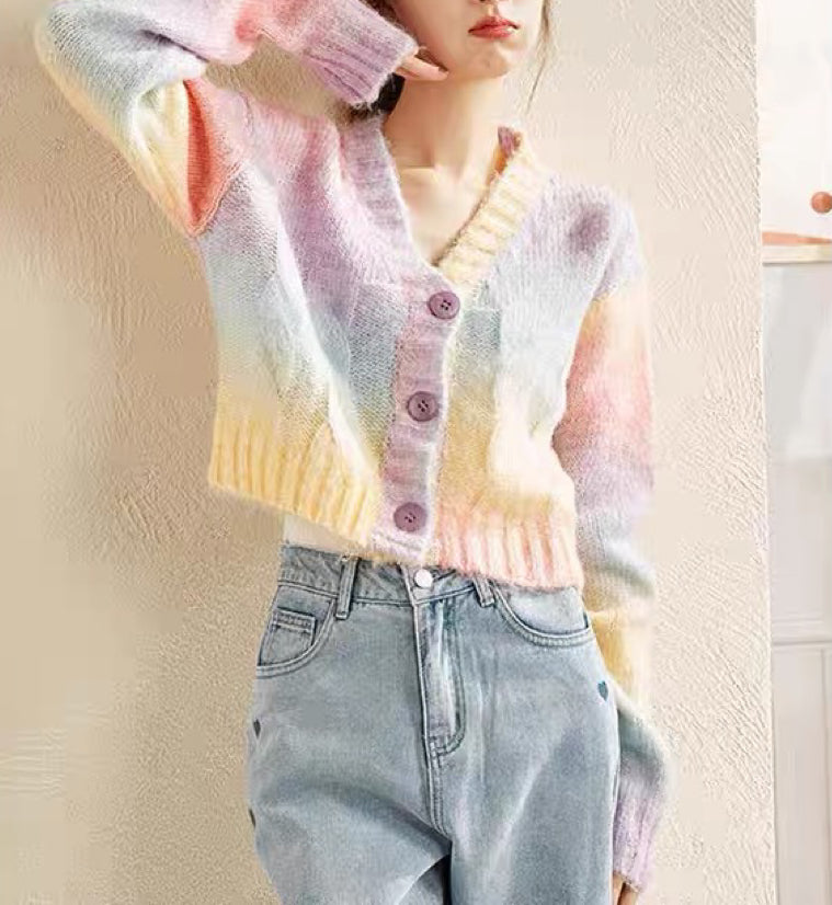 Pastel Rainbow Cropped Sweater Cardigan