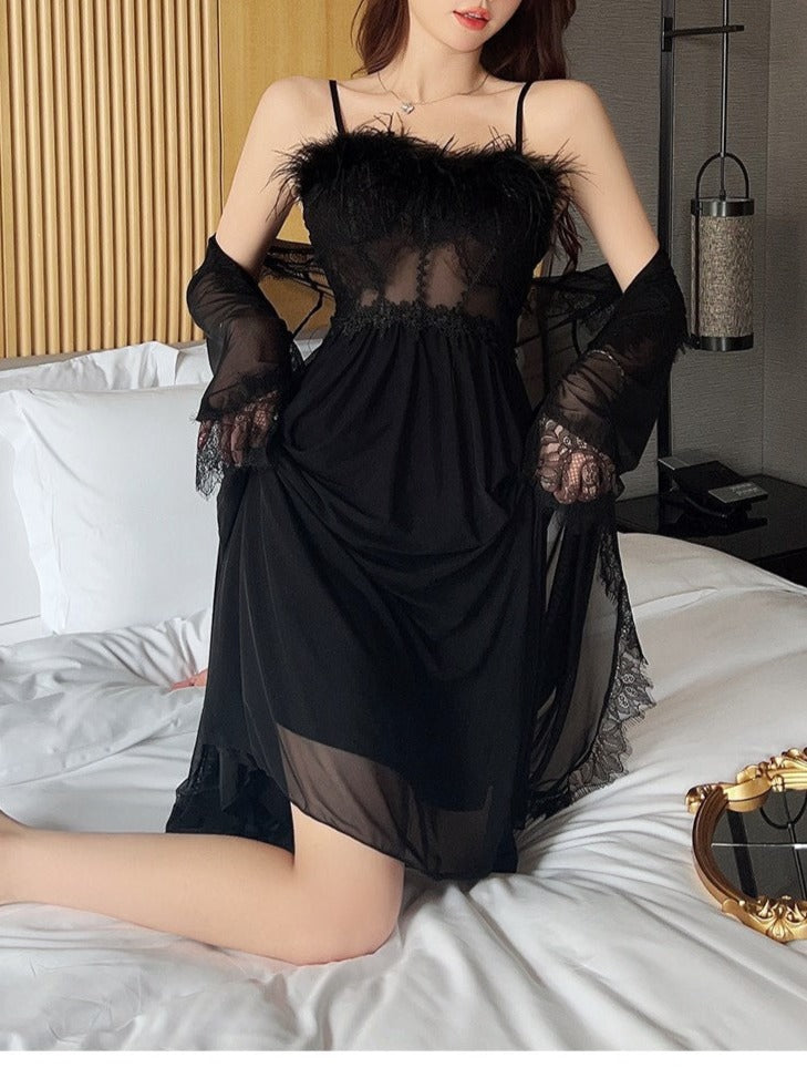 2-piece Black Feather Bustier Dress Dark Fairy Nightgown Set