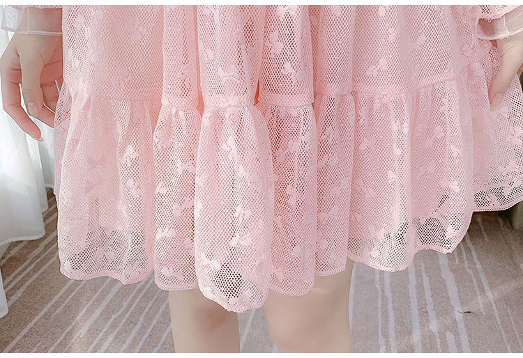 Pink Fairycore Mesh Tulle Lace Dress