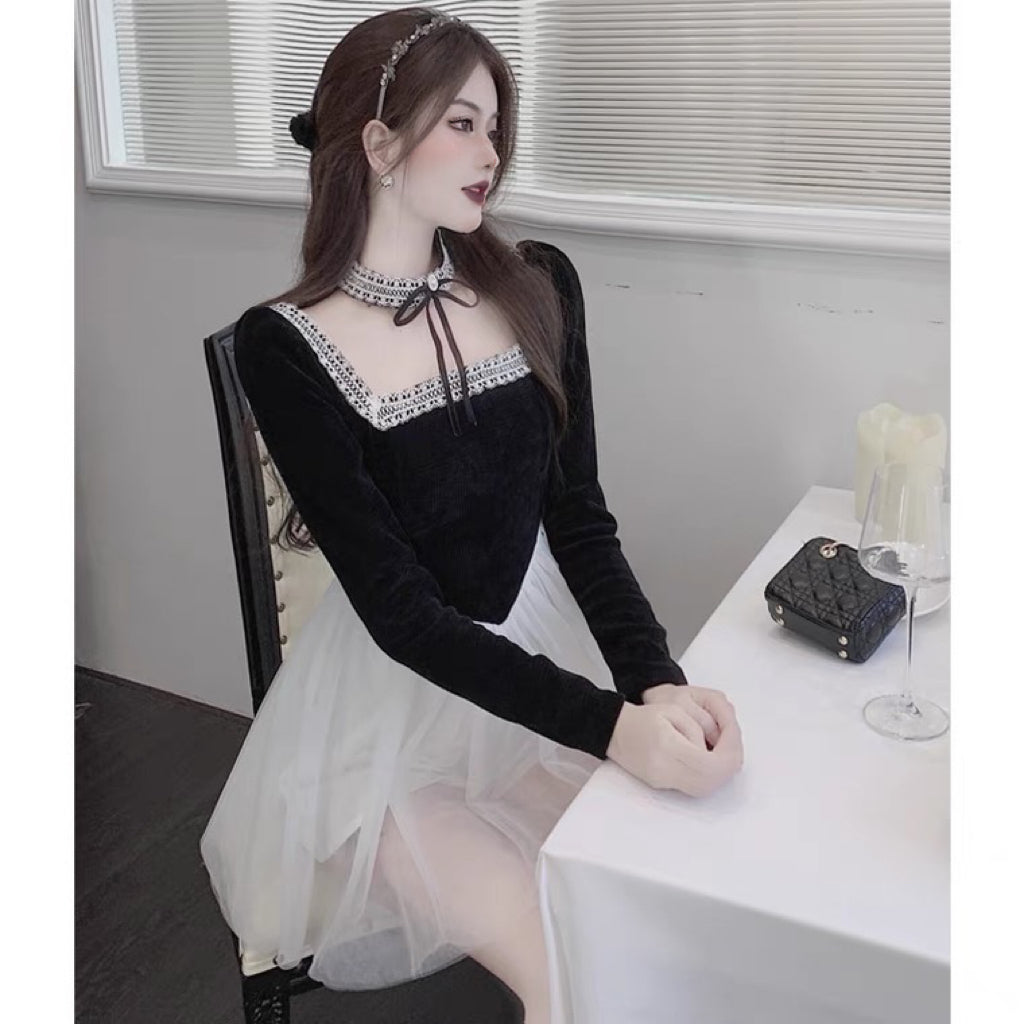 Black Romantic Sexy Gothic Lace Dress Top for Women 