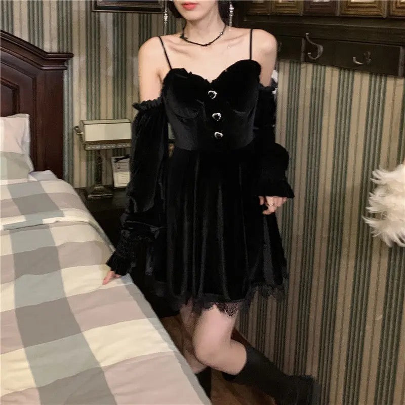Witchy Goth Black Lace Velvet Dress Goth Fashion Romantic Goth
