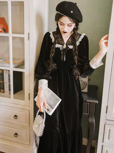 Lucienne Witchy Academia Black Velvet Victorian Gothic Dress