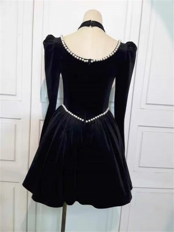 Edwina Romantic Goth Black Velvet Dark Princess Pearl Choker Dress