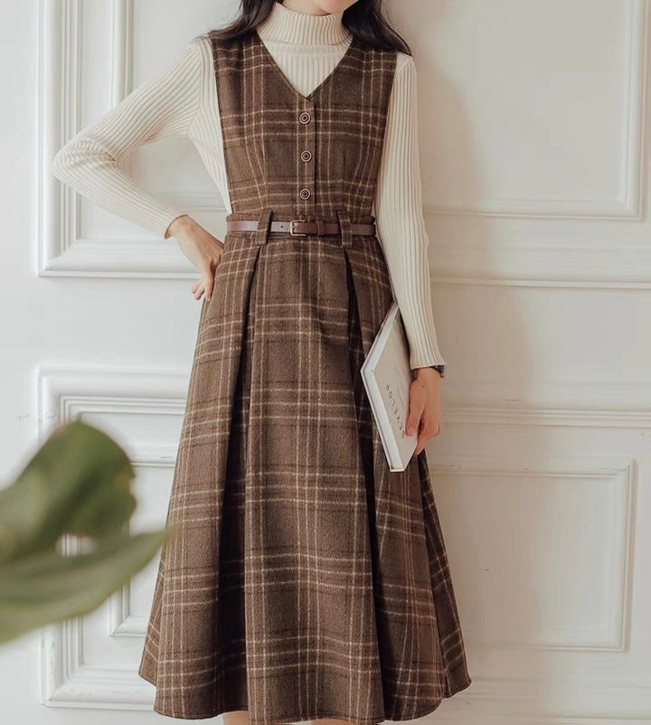 In History Class Dark Academia Wool Plaid Dress with Belt